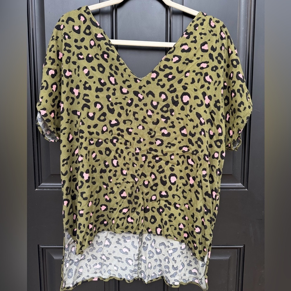 Leopard Print V-Neck Women Top - Green and Pink